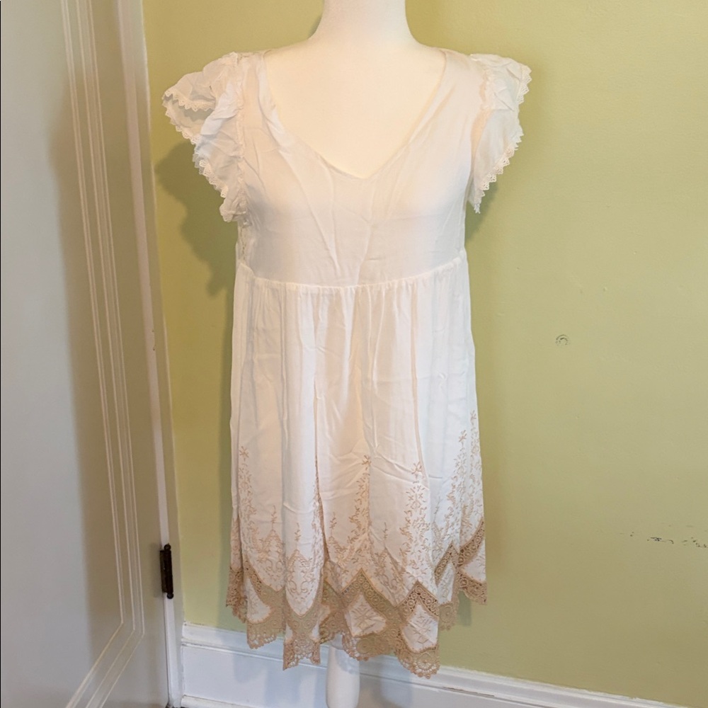 Altar'd State Ivory Baby Doll V neck Dress with Beige Lace